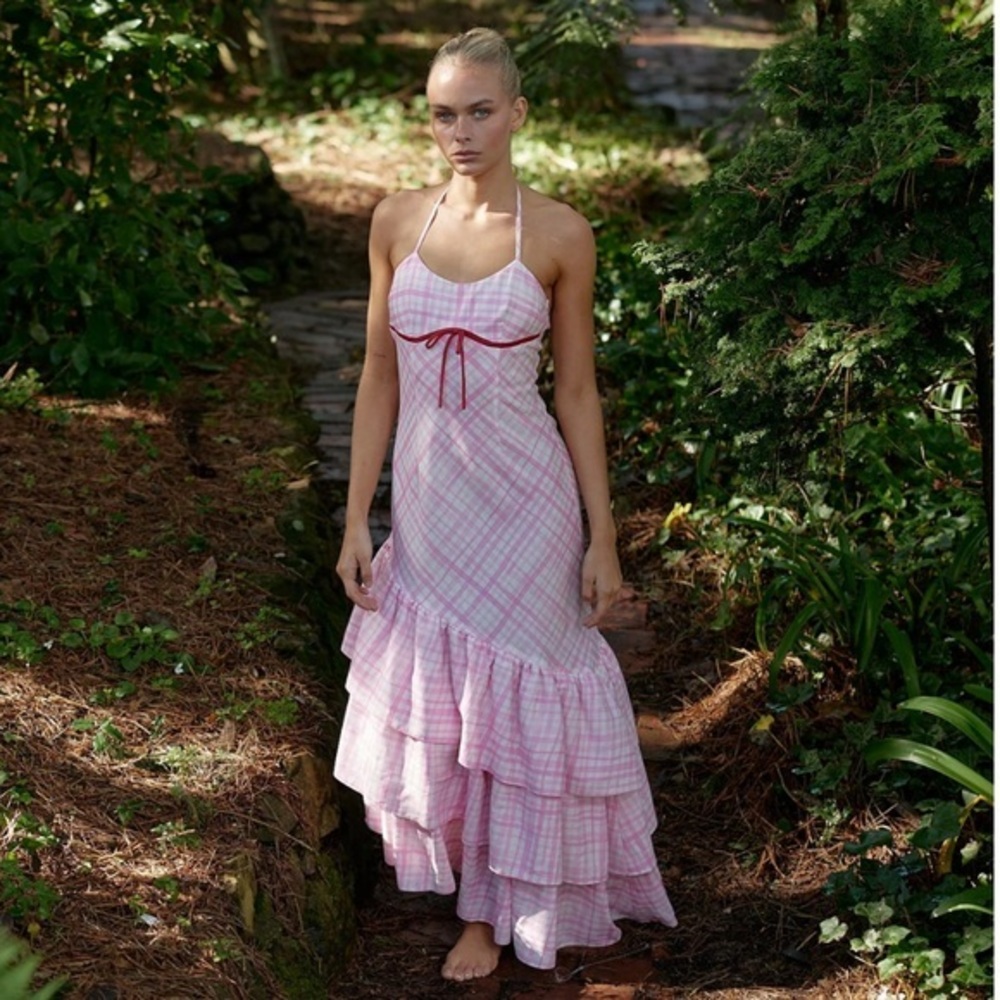 NWT Aston Studio Dress Elouise Ruffle Tiered Maxi Halter in Baby Pink Check